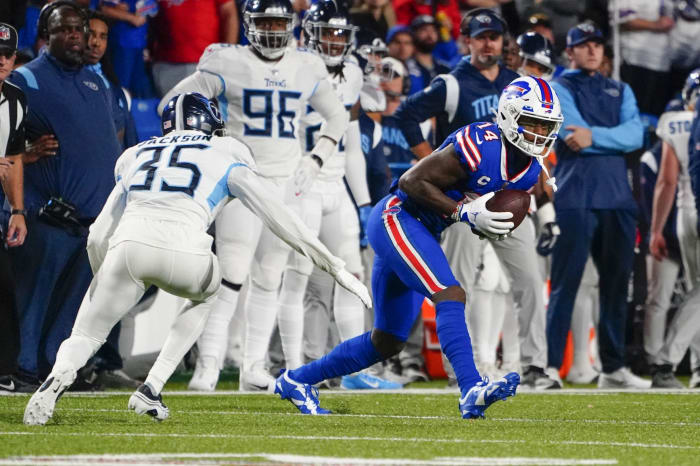 Buffalo wide receiver Stefon Diggs (14) catches a pass with Tennessee cornerback Chris Jackson (35) defending on Monday night. (Gregory Fisher-USA TODAY Sports)